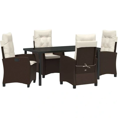 Image of vidaXL 5 Piece Garden Dining Set with Cushions in Brown Poly Rattan