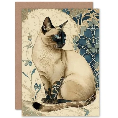 Image of Artery8 Siamese Cat with Blue Flower Pattern Modern Art Nouveau Watercolour Illustration Birthday Sealed Greeting Card Plus Envelope Blank inside