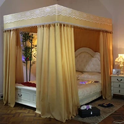 Image of Stylish Princess Canopy Bed Curtains for Twin/Queen/King Size 4 Corner Post Adults Girls Bedroom Decoration (Solid Yellow, King)