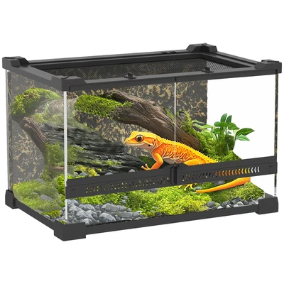 Image of PawHut Reptile Glass Terrarium, Vivarium with Stone Background, Front Ventilation, Escape Proof Knob Lock, Enclosure for Lizards, Horned Frogs, Snakes, 30 x 20 cm, Black