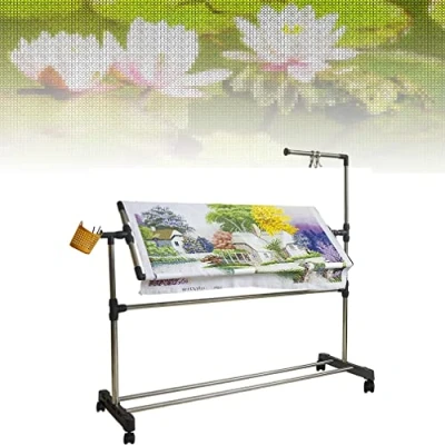 Image of Embroidery Stand with Wheels, Needlework Floor Frame, Height Adjustable Standing Lap Table, Stainless Steel Cross Stitch Craft for Art Sewing Holder