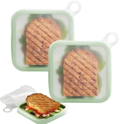 Image of EHOTER Silicone Sandwich Container Lunch Boxes 2024 Food Storage Containers with Lids, Meal Prep Reusable Bag BPA Free Bento Box Microwave, Freezer &amp; Dishwasher Safe (2pcs Green)