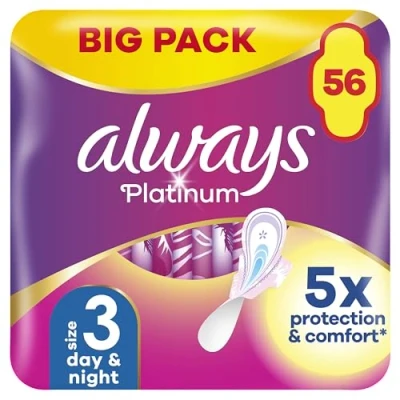 Image of Always Platinum Day &amp; Night (Size 3) Sanitary Towels with Wings 14 Pads x 4