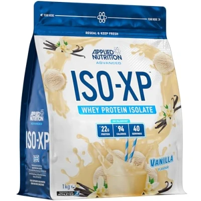 Image of Applied Nutrition ISO XP Whey Protein Powder 22g Protein, Low Fat, Carb Isolate Powder, Rich in Amino Acids, Grass Fed, Soy Free, Halal Certified (1kg 40 Servings) (Vanilla)