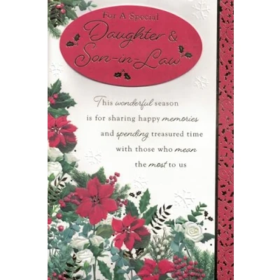 Image of Large Christmas Greeting Card for Daughter &amp; Son in Law, 12 x 8 inches, page insert, Red Floral Design
