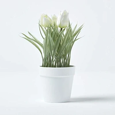 Image of HOMESCAPES White Artificial Tulips Plant In Plastic Pot 22cm Tall Faux Decorative Potted For Indoor Decoration
