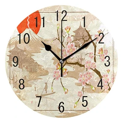 Image of Domoko Home Decor Japanese Cherry Blossom Mountain Round Acrylic Wall Clock Non Ticking Silent Art for Living Room Kitchen Bedroom