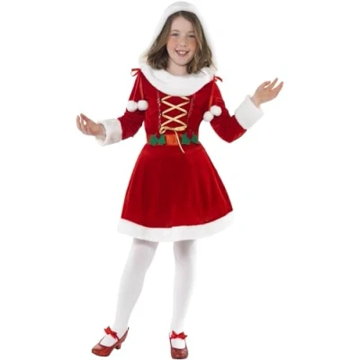 Image of Smiffys Little Miss Santa Costume, Red with Dress, Christmas Children&#039;s Fancy Dress Up Costumes