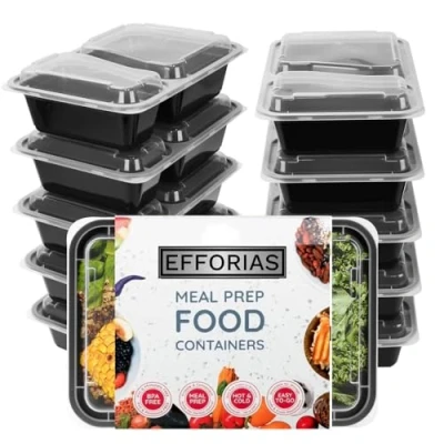Image of Efforias [10 Pack, 32oz] 2 Compartment Plastic Meal Prep Containers Reusable BPA Free Food with Airtight Lids Microwavable, Freezer and Dishwasher Safe
