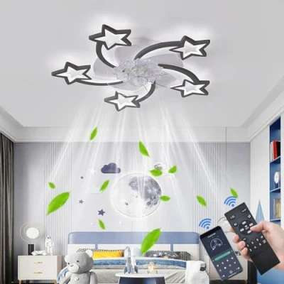 Image of ATEEZ Kids Ceiling Fans with Lights and Remote 6 Speed Dimmable Fan Light Reversible Winter Summer Silent Lamps APP Timer Stars Design for Bedroom Living Room Lounge Black