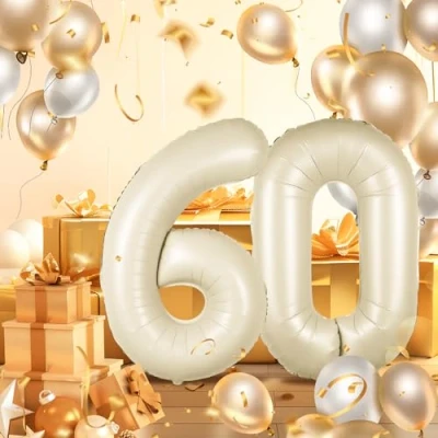 Image of Number Balloons 60,Beige 60 Balloon 40 Inch Giant Helium Foil for Boys Girls 60th Birthday Party Decor Anniversary Decorations Supplies