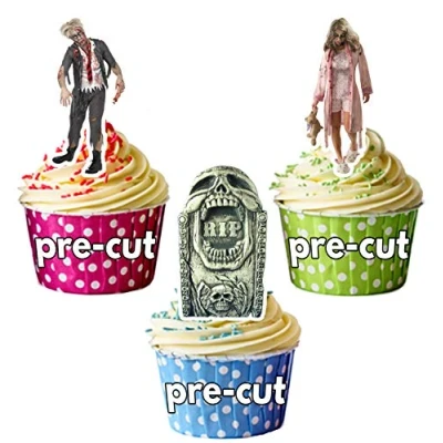 Image of AK Giftshop PRE CUT Halloween Zombie Tombstone Mix Edible Cupcake Toppers/Cake Decorations (Pack of 12)