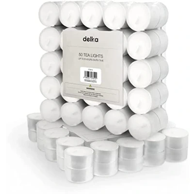 Image of delka 8 Hour Tea Light Candles, 50 Pack, Long Burning Time, Unscented Lights White