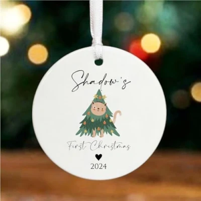 Image of Luck and Personalised Cats First Christmas Bauble, Porcelain Hanging Tree Decoration, Animal Pet Keepsake Gift, Bauble with Name Year
