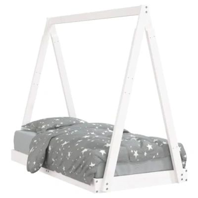 Image of vidaXL White Kids Bed Frame 70x140 cm Solid Pine Wood, Sturdy Slats, Ground Level Access with Unique Tipi Tent Design