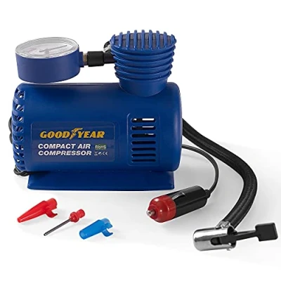 Image of Goodyear car tyre inflator Mini air Compressor Compact 3m Cord Portable Pressure Gauge and Lightweight Light Sporting Camping get 3 nozzles up to 250 PSI