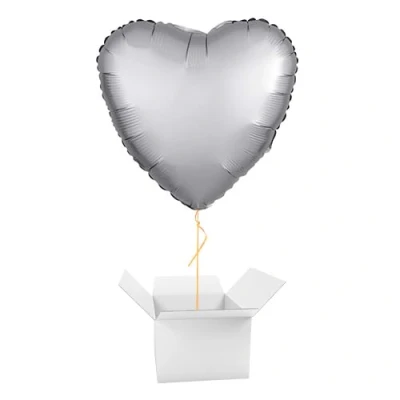 Image of Platinum Silver Satin Luxe Heart Foil Helium Balloon Inflated in a Box