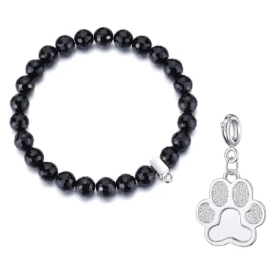 Image of Philip Jones Faceted Black Onyx Gemstone Bracelet with Paw Charm Created Zircondia® Crystals