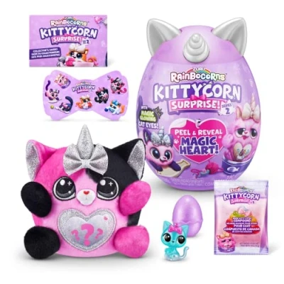 Image of Rainbocorns Kittycorn Surprise Series 2, Mozie the Calico Cat Collectible Plush 10 Surprises to Unbox, Peel and Reveal Heart, stickers, Ages 3+ (Calico Cat)