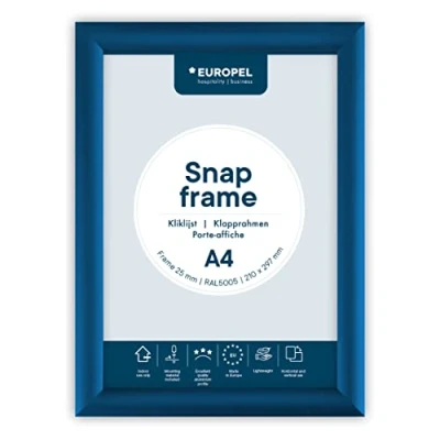 Image of EUROPEL lightweight Snap frame A4, Blue, Profile 25x11 mm, Anodized aluminum, anti reflective protector, External dimensions 241x328 Grey polystyrene back