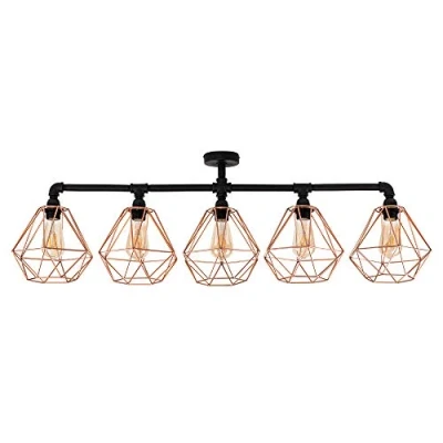 Image of MiniSun Industrial Steampunk Style 5 Way Satin Black Pipework Bar Ceiling Light with Copper Basket Cage Shades Complete 4w LED Filament Bulbs [2700K Warm White]