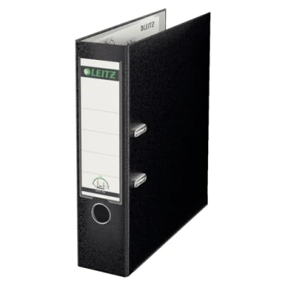 Image of Leitz Plastic Lever Arch File, 90 Percent Recycled Card, 30 Pre consumer Plastic, With Thumbhole and Rado Rings, 80mm Spine 600 Sheet Capacity, Black, 10101095