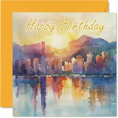 Image of Birthday Cards for Women Men Watercolour City Happy Card Mum Dad Brother Sister Uncle Auntie Cousin Grandad Nanny Friend 145mm x Bday Greeting