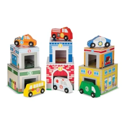 Image of Melissa &amp; Doug Nesting Sorting Buildings Vehicles Wooden Toy Trains Trucks 2+ Gift for Boy or Girl