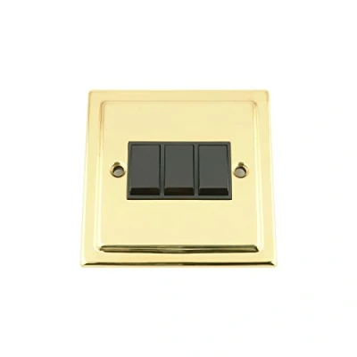 Image of Light Switch 3 Gang Victorian Polished Brass Black Insert Plastic 10 Amp Triple 2 Way