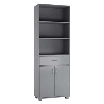 Image of URBNLIVING 5 Tier Wooden Free Standing Tall Display Cabinet Bookcase Unit Wide Open Shelves Drawer Storage (Grey)