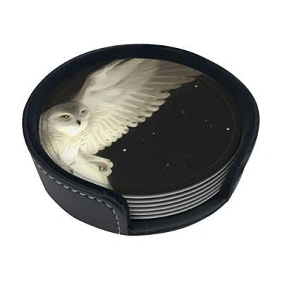 Image of Set Of 6 White Owl Print Coaster,Coasters For Drinks, Absorbent Coasters With Holder