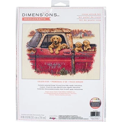 Image of Dimensions 70 35405 Golden Ride Dog Counted Cross Stitch Set, 14 Cnt. Ivory Aida, 14&quot; x 10&quot;