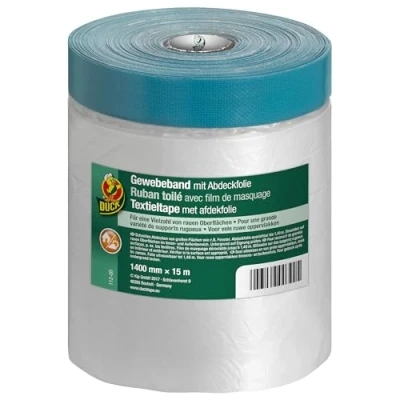 Image of DUCK Pre Taped Masking Film 112 00 with Reinforced Fabric Backing Tape for Indoor and Outdoor Use Painting Varnishing 1400 mm x 15 m