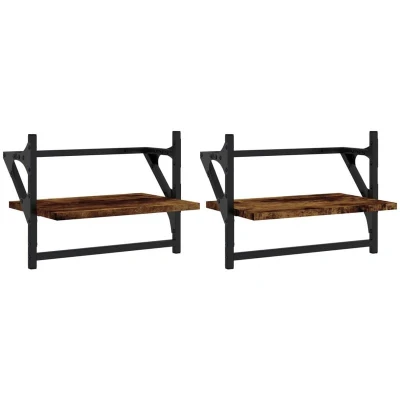 Image of vidaXL Wall Shelves with Rack Bar 2 pcs Smoked Oak Floating for Living Room Moisture Resistant Engineered Wood and Metal
