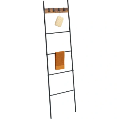 Image of Relaxdays Towel Ladder, 4 Rungs &amp; Hooks, 160.5 x 44 cm, Steel, Industrial Design, Bathroom Clothes Rack, Black/Brown