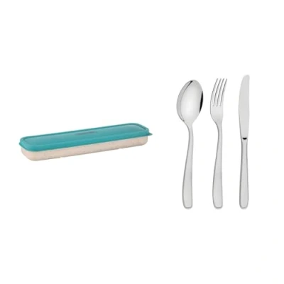 Image of Tramontina 4 Piece Stainless Steel Travel Cutlery Set, Knife Fork and Spoon, Wheat Fibre Case, On The go Style (Green)