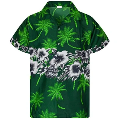 Image of King Kameha Classic Modern Hawaiian Shirt for Men Front Pocket Casual Aloha Shirts, Flower Chest, Green, L