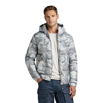 Image of G STAR RAW Men&#039;s Meefic Squared Quilted Hooded Jacket, Multicolour (cool grey woodland camo D20126 C441 D436), XS