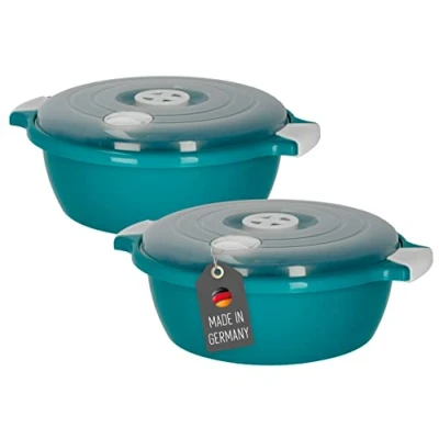 Image of Lantelme Set of 2 Microwave Bowls with Steam Valve 1.8 Litres Made in Germany Stackable Dishwasher Safe Plastic Bowl for and Fridge Freezer Green