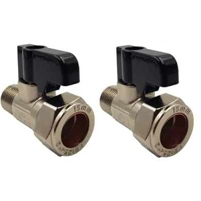 Image of UKDD® 15mm x 1/2&quot; Male Flat Faced Threaded Isolation Ball o fix Valves with Black Lever Straight for Flexible Tap Connector (Pair)