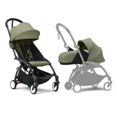 Image of Stokke YOYO3 Stroller with Newborn Pack Includes Black Frame, YOYO 6+ Color (Olive) &amp; 0+
