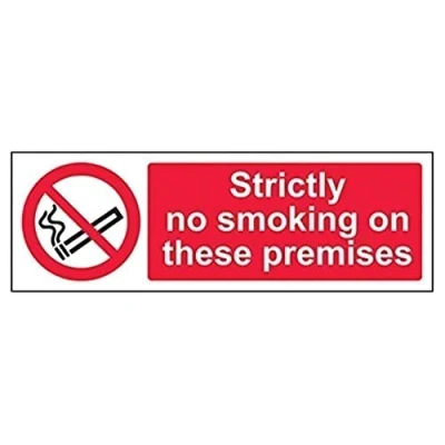 Image of V Safety 57011AX R Strictly No Smoking On These Premises Prohibition Sign Landscape 300mm x 100mm 1mm Rigid Plastic, Black/Red