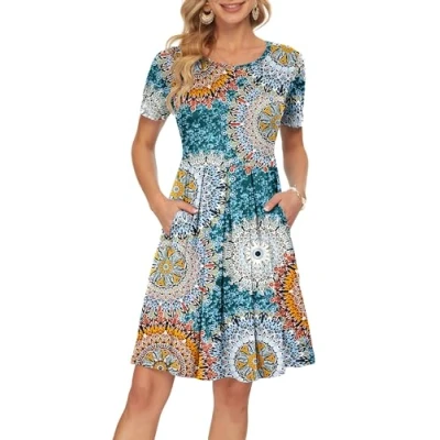 Image of AUSELILY Summer Dresses for Women UK Short Sleeve Pleated Loose Swing Casual Dress with Pockets Knee Length Print Green M