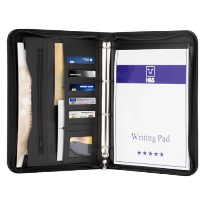 Image of H&amp;S Portfolio Folder A4 Zipped Conference Faux Leather for Documents with Ring Binder Organiser Folders Work or Business Document Holder Padfolio Case