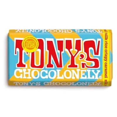 Image of Tony&#039;s Chocolonely Milk Chocolate Rice Crispy Caramel Bar 180g, Chocolate, Gift, Vegetarian Belgian Fairtrade