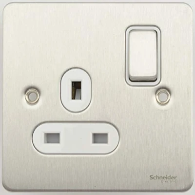 Image of Schneider Electric Ultimate Flat Plate Single Switched Power Socket, Pole, 13A, GU3210WSS, Stainless Steel with White Insert