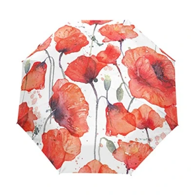 Image of HMZXZ RXYY Watercolor Floral Flower Poppy Folds Auto Open Close Umbrella for Women Men Boys Girls Windproof Compact Travel Lightweight Rain