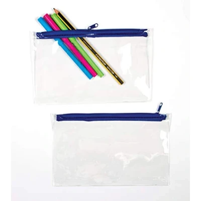 Image of Baker Ross AG332 Transparent Pencil Cases with Zippers for Stationery, Toiletries, Makeup, Travel &amp; Office Supplies, 20cm x 12cm, Transparent, Pack of 10, Pieces
