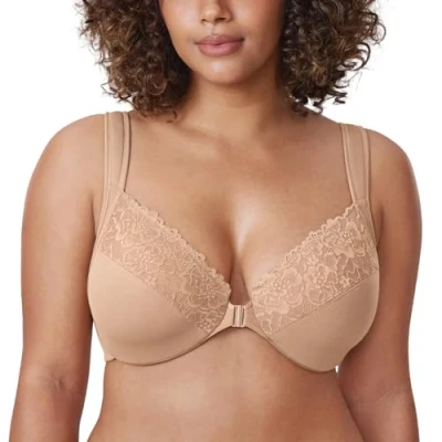 Image of Delimira Women&#039;s Front Fastening Bras Unlined Lace Plus Size Support Underwire Warm Beige 42D