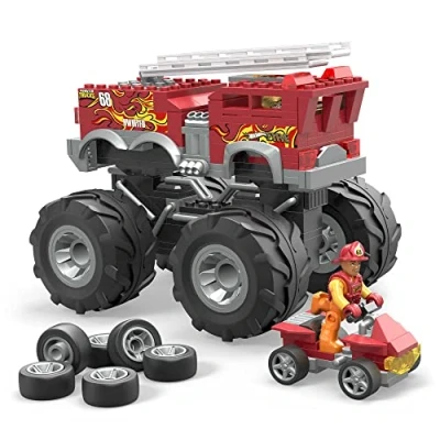 Image of MEGA Hot Wheels Monster Truck Building Toy Playset, 5 Alarm Fire with 284 Pieces and Giant Wheels, 1 Micro Action Figure, Red, Age 5+ Years, HHD19